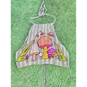 Boho‎ Mushroom Embroidered Halter Crop Top Striped Festival Hippie